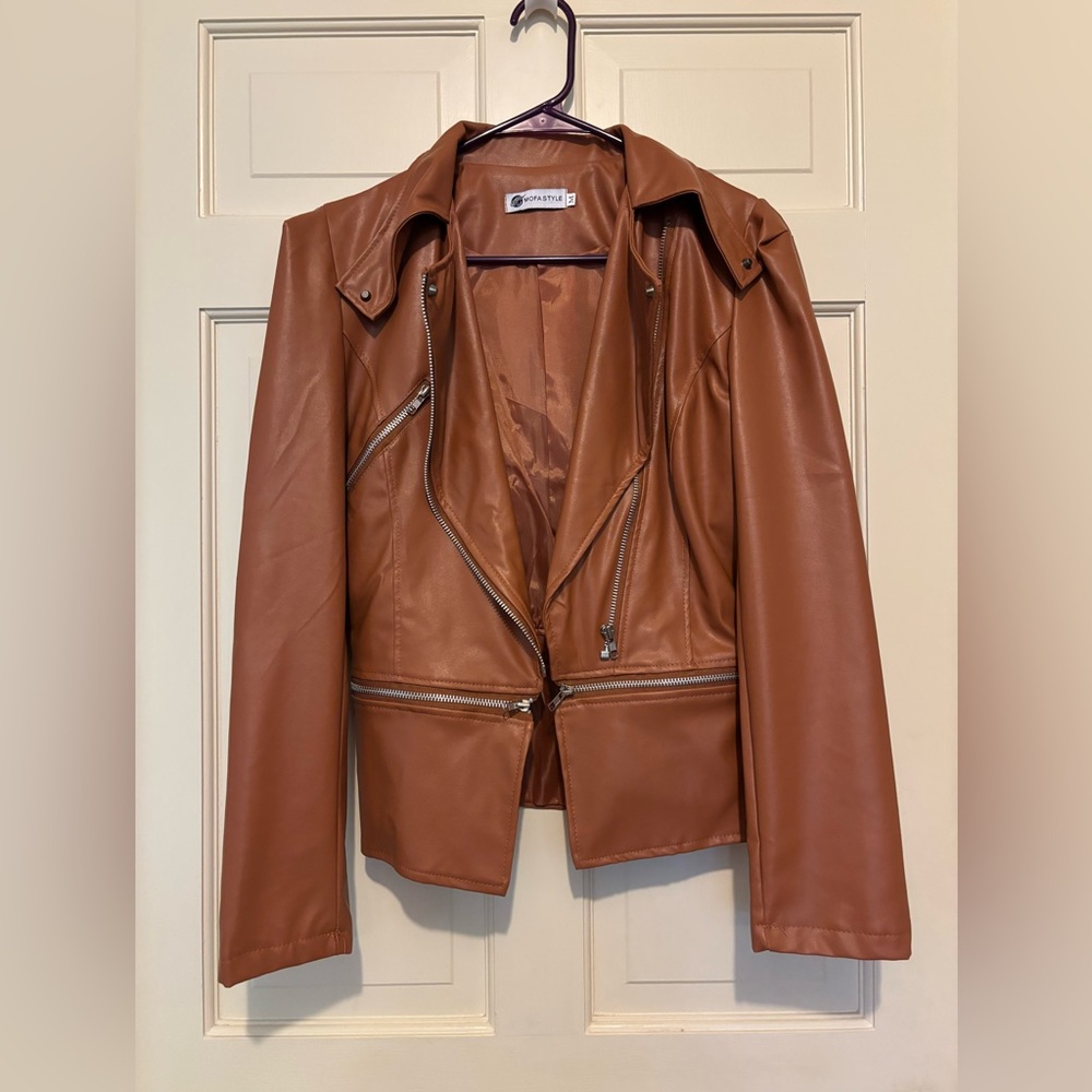 Brown jacket zipper elegant travel coat holiday moto casual western boho warm